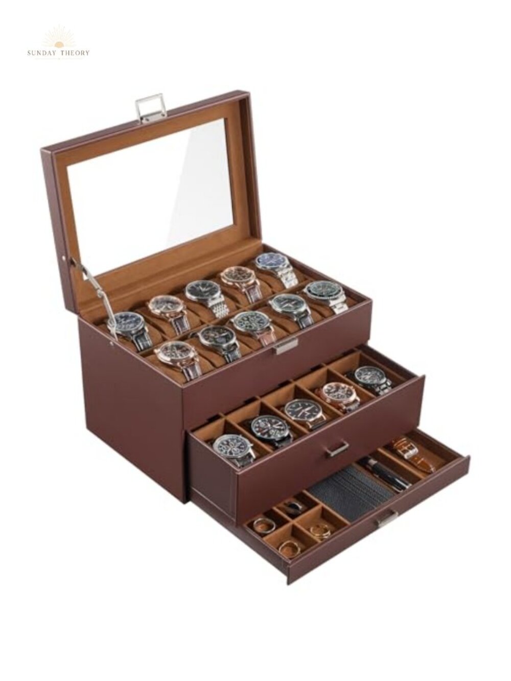 20-Slot Watch Box with Glass Lid Faux Leather Organizer PU Leather